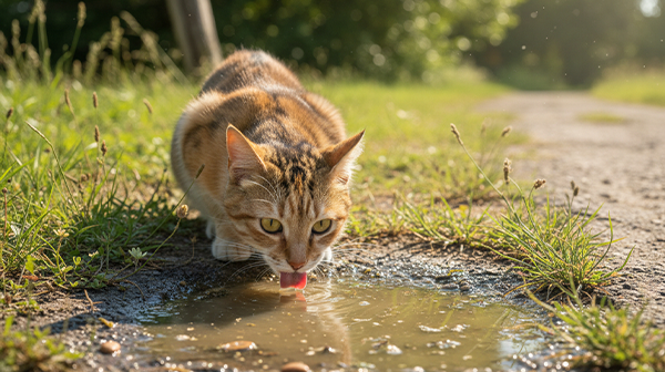 So stecken sich Katzen mit Giardien an: Trinken aus einer Pfütze
