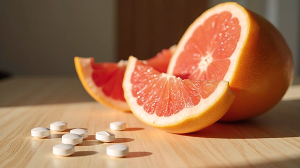 Grapefruit und Tabeltten auf einem Tisch