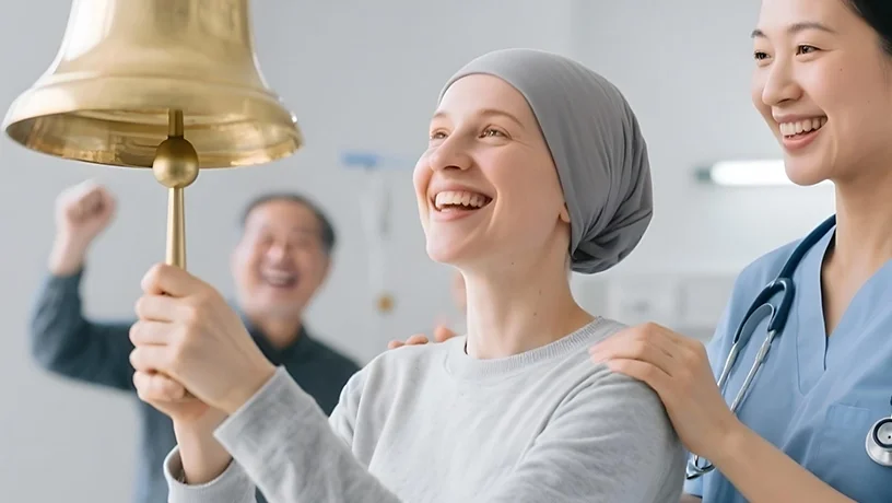 Junge Frau besiegt den Krebs und läutet eine Glocke
