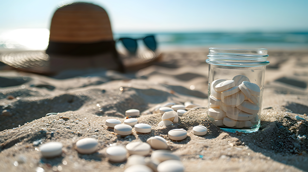 Tabletten liegen im Sand
