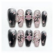 Press On Nails Mittellang Ballerina Schwarz Rosa 3D Y2K 117- 1 St