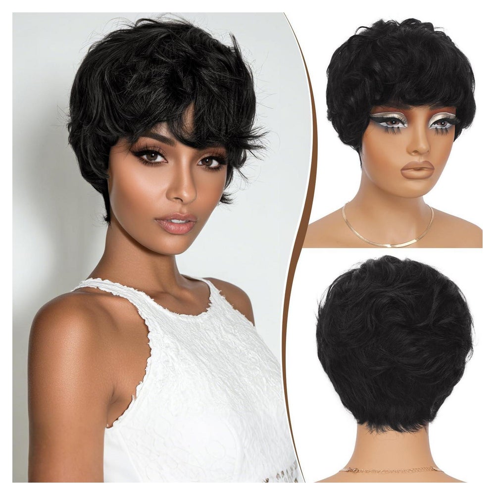 Perücke Pixie Cut Echthaar Kurz Pony Schwarz FQ-001 1B Schwa 1 St