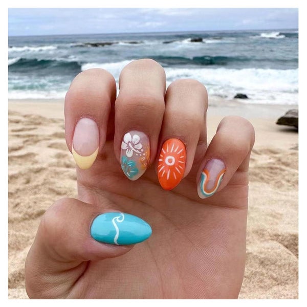 24x Sommer Press on Nägel French Tips Mandel Design Orange G 1 St