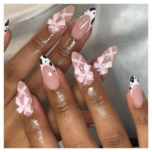 Künstliche Fingernägel Kurz Rosa Milchkuh 3D Schleife YC3 1 St