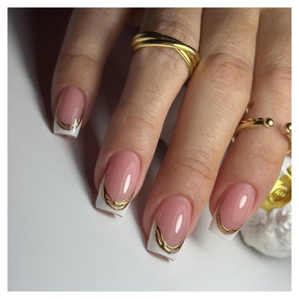 Falsche Nägel Square Kurz Rosa Weiß French Gold Chrome FB22 1 St