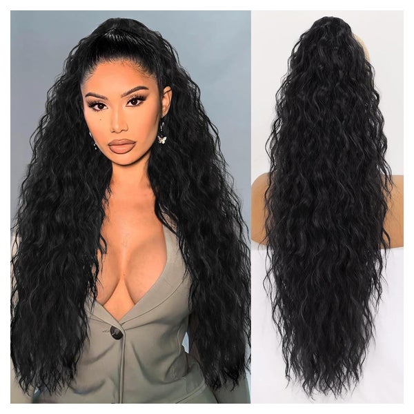 Pferdeschwanz Haarteil Extension Clip 76cm Schwarz Locken 1B 1 St