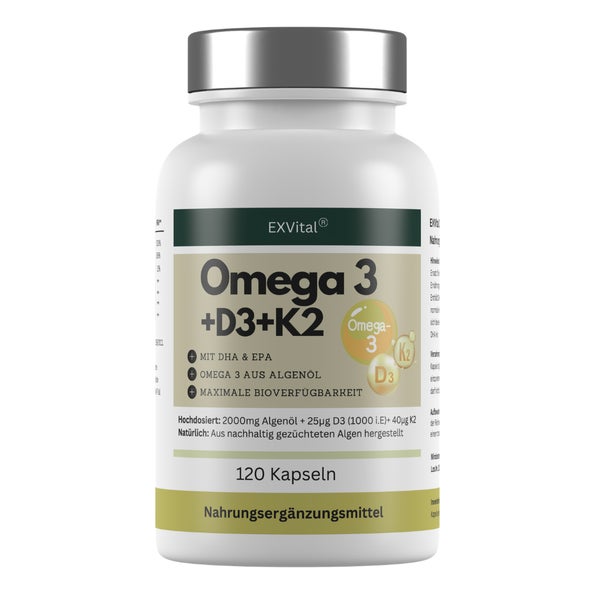 EXVital® Omega 3 + Vitamin D3 & K2 Kapseln aus Algenöl 183 g