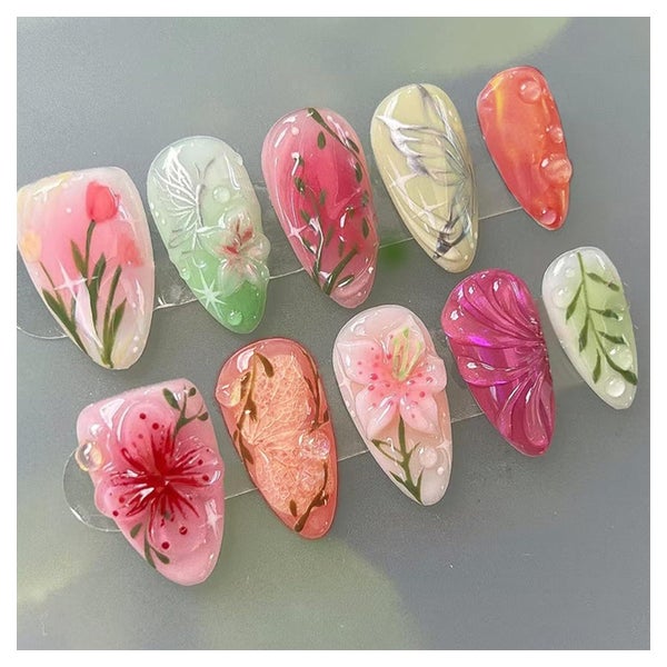 Kunstnägel 24 Stück Mandel Acryl French 3D Blumen 1 St