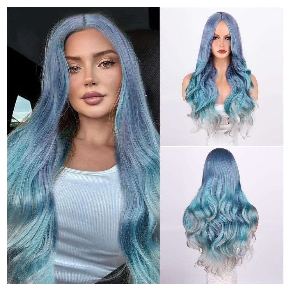 Perücke Damen Lang Synthetisch Blue Mixed Violet Green Ombre 1 St