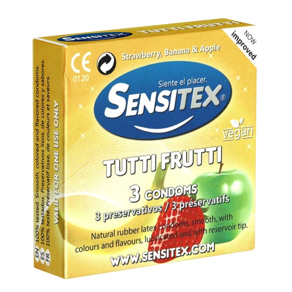 «Tutti Frutti» bunte und vegane Kondome mit Geschmack (3 Kondome) 3 St
