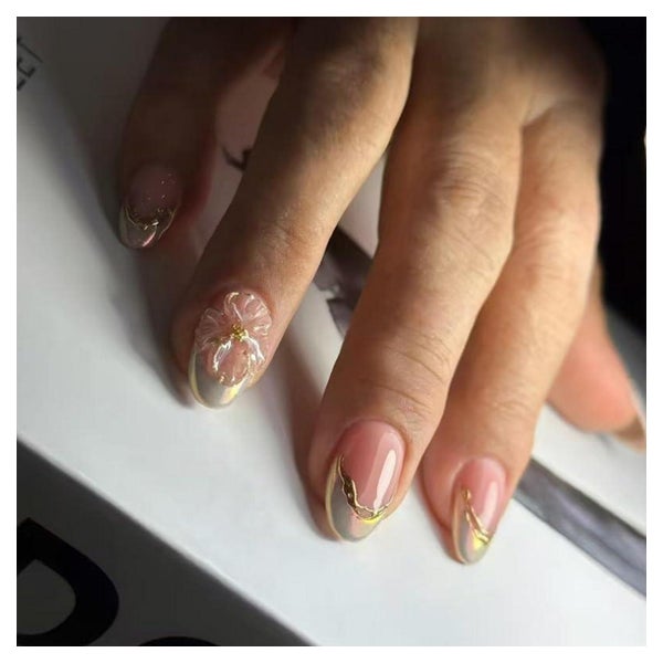 Künstliche Fingernägel Kurz French Weiß 3D Gold Blumen AKP10 1 St