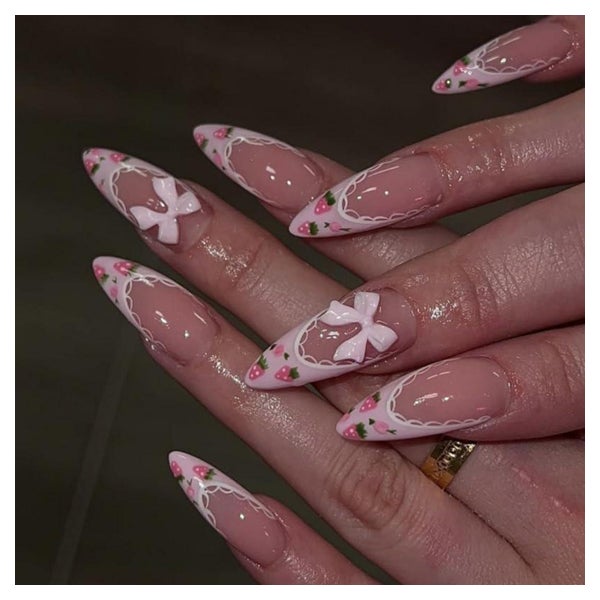 Künstliche Fingernägel Kurz Almond 3D Schleife Nude Rosa AKH 1 St