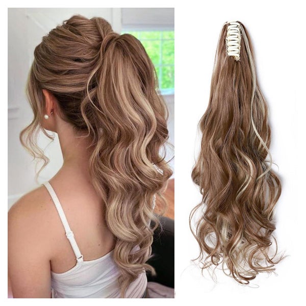 Pferdeschwanz Clip 60 cm Hellbraun mit Aschblond hervorgehob 1 St