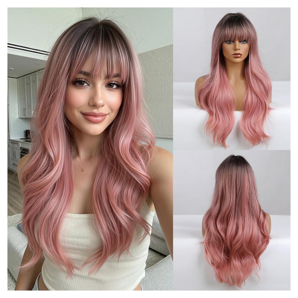 Perücke 24Zoll Lockig Ombre Schwarz Hitzebeständig Pony Rosa 1 St