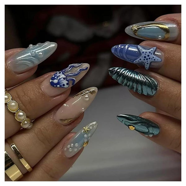 Summer 3D Press on Nails Blaue Meer Falsche Nägel 24 Stück 1 St