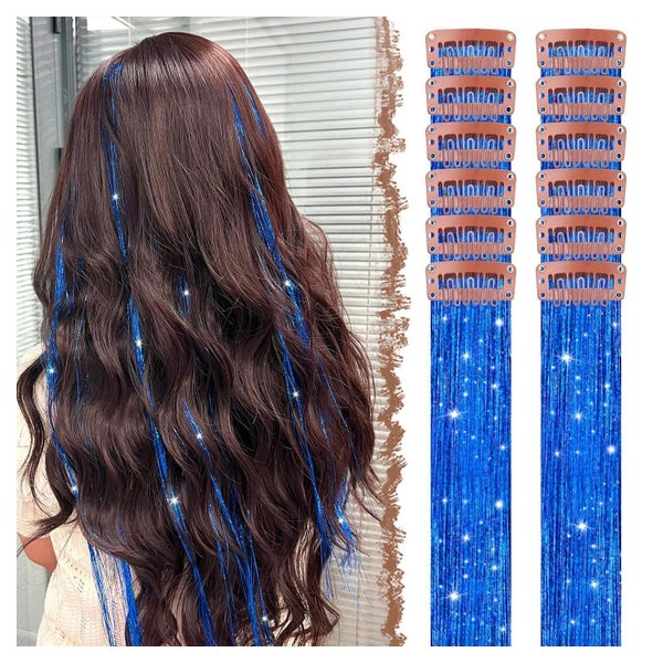 Haartinsel Clip in Haarsträhnen 12 Stück 50 cm Glitzer Blau- 1 St