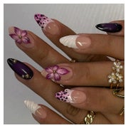 MouyouGlow Press on Nails Kurz Almond Beige Weiß Leopard French 3D Lila Hibiskus