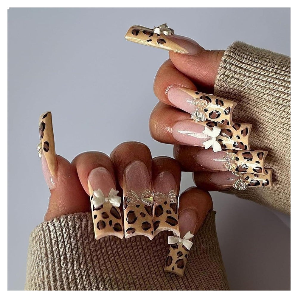 24 Stk Französische Oval Nagel Gepard Braun Glanz 3D Schlüss 1 St