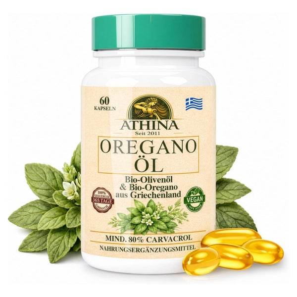 Athina® Oregano Öl Vegan Bio 1 x 60 Kapseln I 100 mg Athina® Wildes Berg Oregano Öl I Origanum vulgare hirtum aus Griechenland I 80% Carvacrol I Reine & natürliche Zutaten 60 St