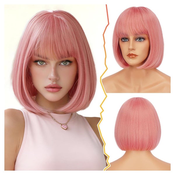 Perücke Bob kurz Pony Damen 30cm synthetisch Rosa 1 St
