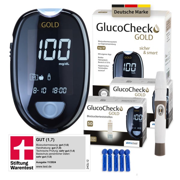 GlucoCheck GOLD Set (mg/dl) zur Kontrolle des Blutzuckers mit 110 Teststreifen 1 St