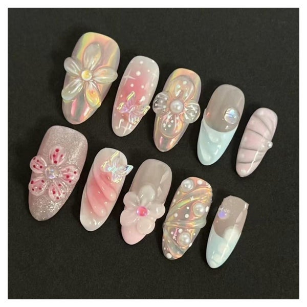 Künstliche Fingernägel Kurz Almond Blau 3D Blumen Y2K FC-D21 1 St