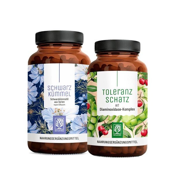 HIT DUO Paket: DAO Diaminoxidase, Quercetin, Katalase + Vitamin C & Schwarzkümmelöl + Vitamin E in einem veganen Bundle - SCHWARZKÜMMEL & TOLERANZSCHATZ - NATURTREU® 121.6 g
