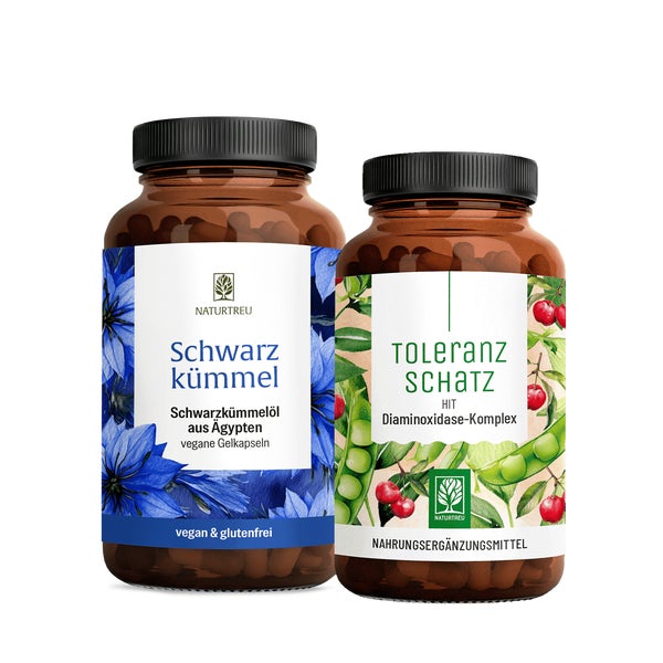 HIT DUO Paket: DAO Diaminoxidase, Quercetin, Katalase + Vitamin C & Schwarzkümmelöl + Vitamin E in einem veganen Bundle - SCHWARZKÜMMEL & TOLERANZSCHATZ - NATURTREU®  g
