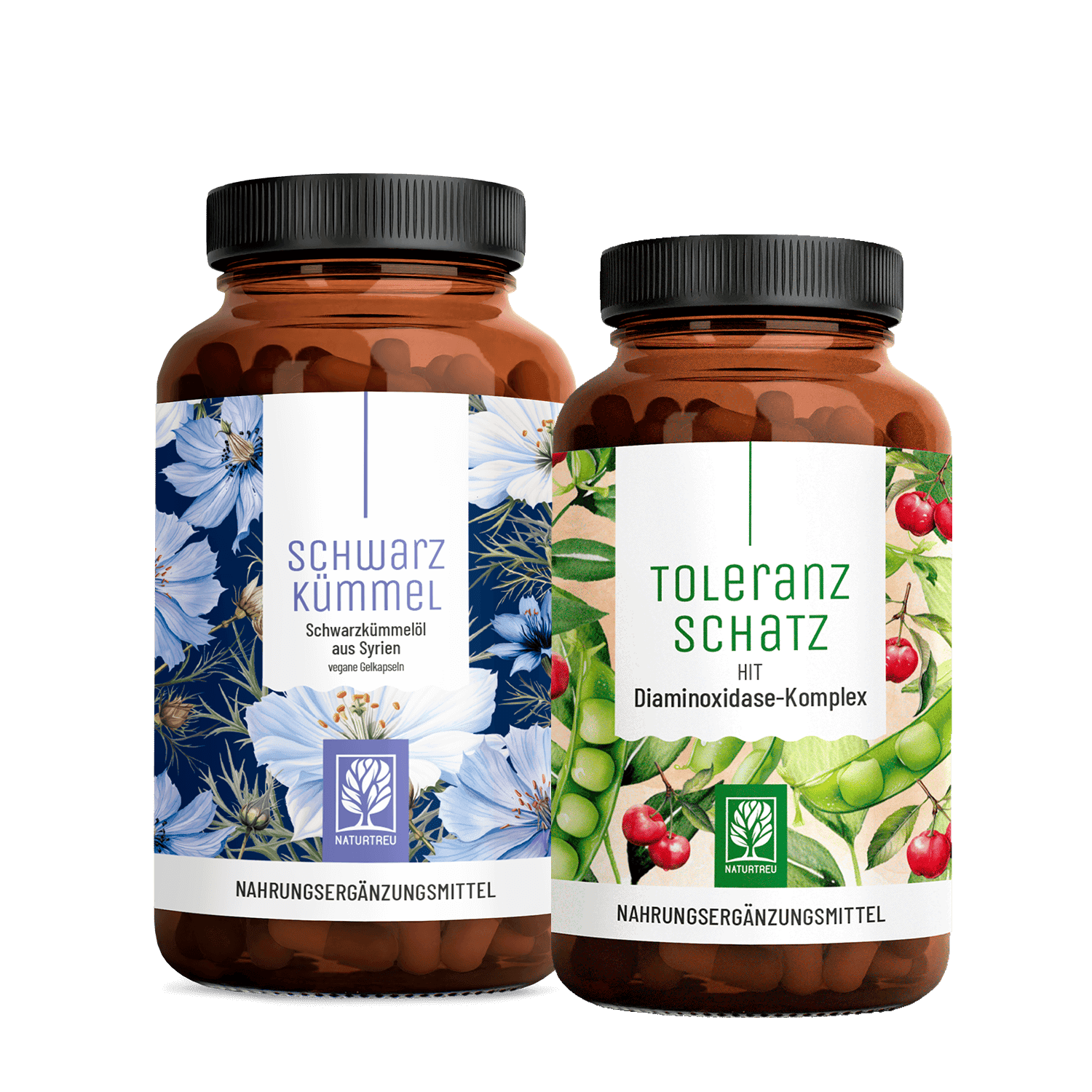 Produktabbildung: HIT DUO Paket: DAO Diaminoxidase, Quercetin, Katalase + Vitamin C & Schwarzkümmelöl + Vitamin E in einem veganen Bundle - SCHWARZKÜMMEL & TOLERANZSCHATZ - NATURTREU® 121.6 g