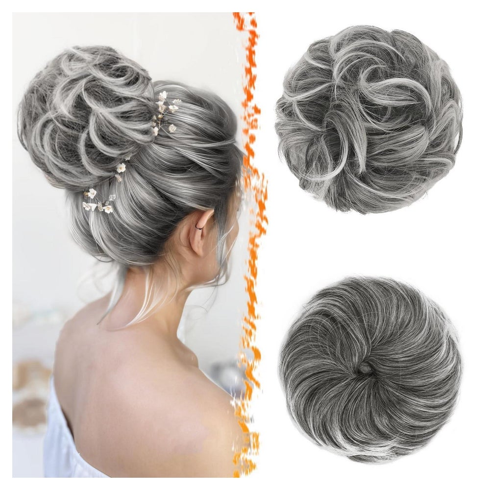 Haarteil Messy Bun Haargummi Extensions Dunkel Grau & Weiße 1 St