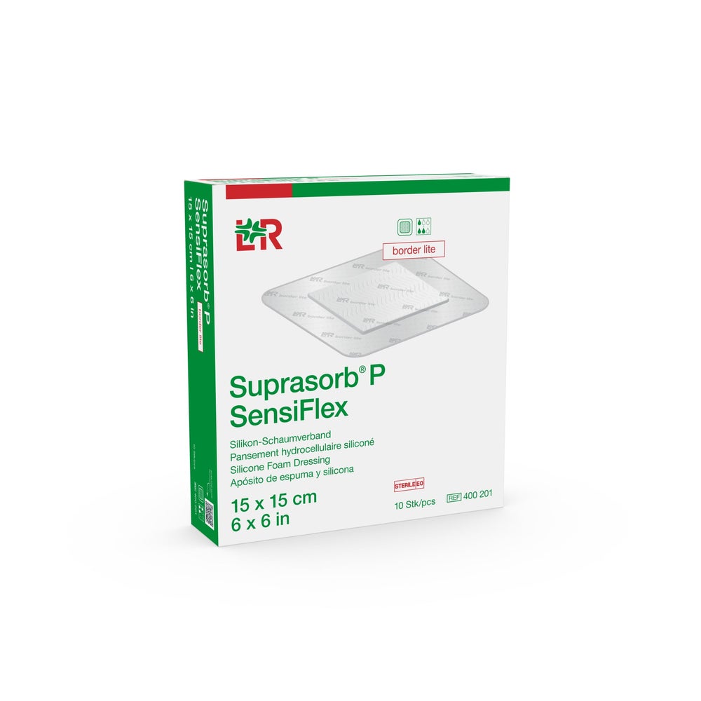 Lohmann & Rauscher Suprasorb P SensiFlex Silikon-Schaumverband, steril, border lite – flexibel, atraumatisch - 1 Packung = 10 Stück, Maße: 15 x 15 cm 10 St
