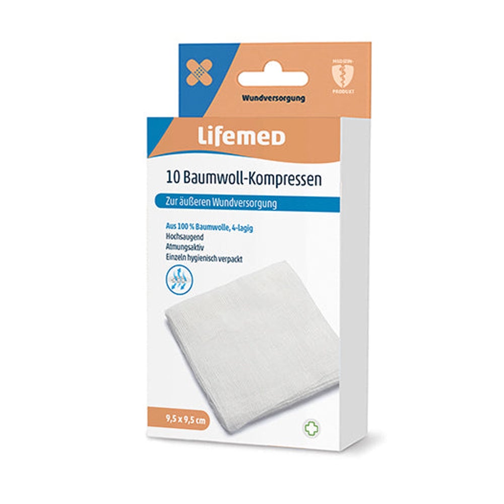 Lifemed Baumwoll-Kompressen 9,5 cm x 9,5 cm weiß 4-lagig 10er Pack 12 St