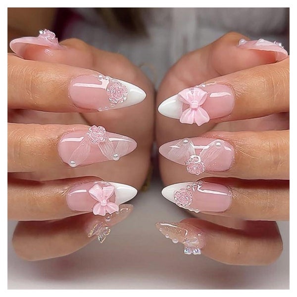Press On Nails Kurz Almond French Rosa Perle Y2K AKC15 1 St