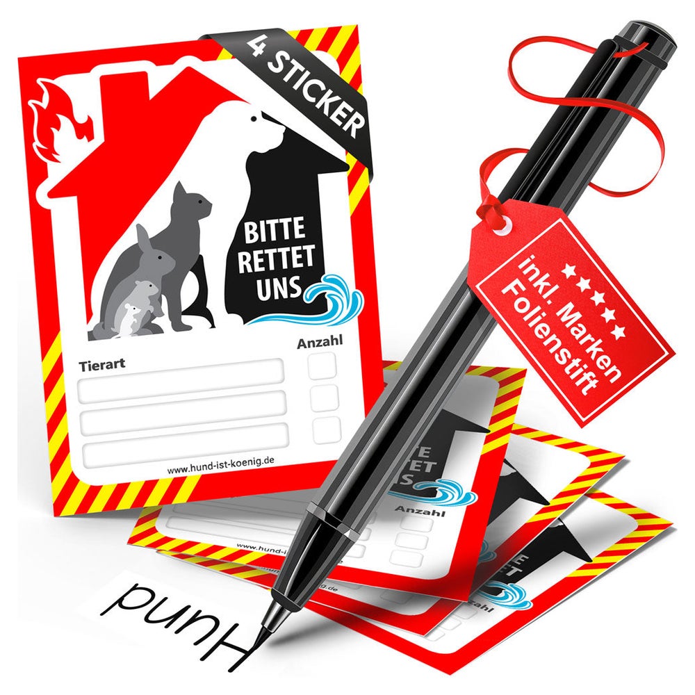 HUND IST KÖNIG Notfall-Aufkleber 4er-Set inkl. Folienstift 4 St