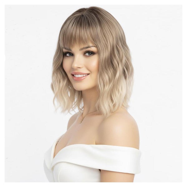 simkaylee Kurze Wellige Blonde Ombre Perücke mit Pony, Schulterlanger Bob