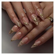 Kunstnägel 24 Gold Swirl Kurz Mandel French 3D Metallic 2gol 1 St