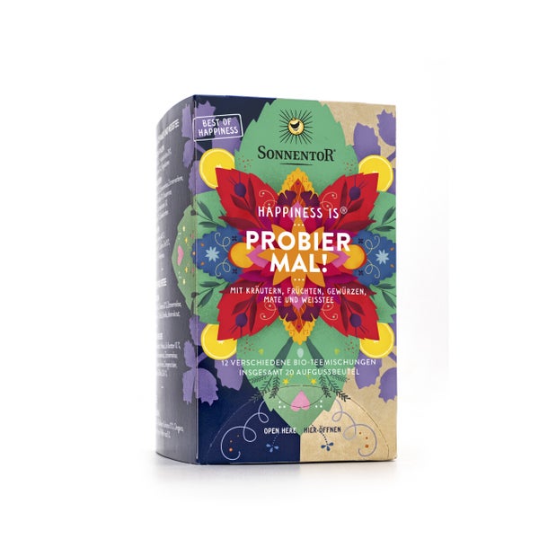 Sonnentor Bio-Tee Happiness is® Probier mal!" – 20 Beutel in 12 Sorten 31,4 g, DK-Beutel" 20 St
