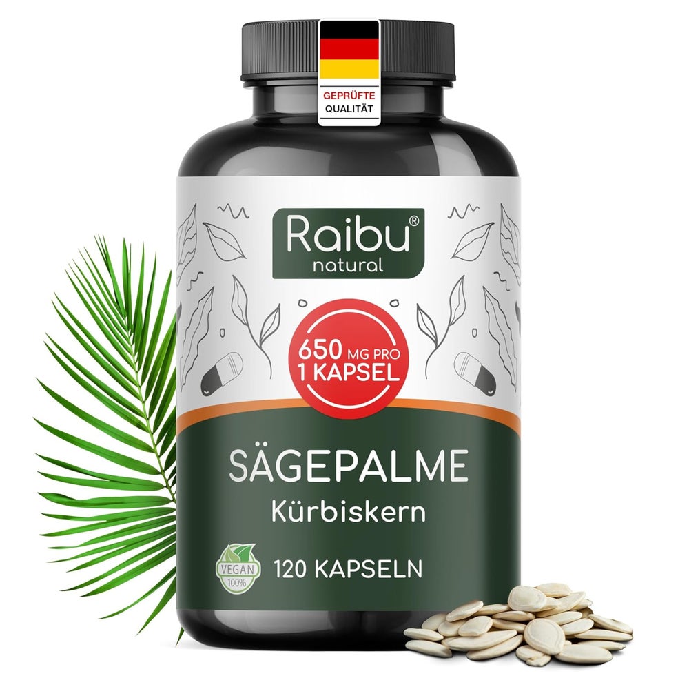 Saw Palmetto Kapseln, 650 mg pro Kapsel, Hochdosiert, mit Kürbiskern - RAIBU 120 St