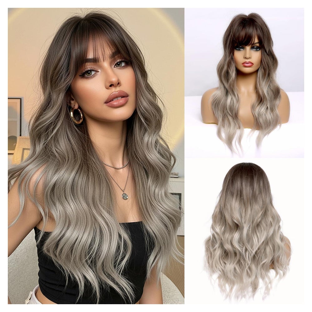 Perücke 24 Zoll Locken Pony Synthetik Haar Frauen Ombre Brau 1 St