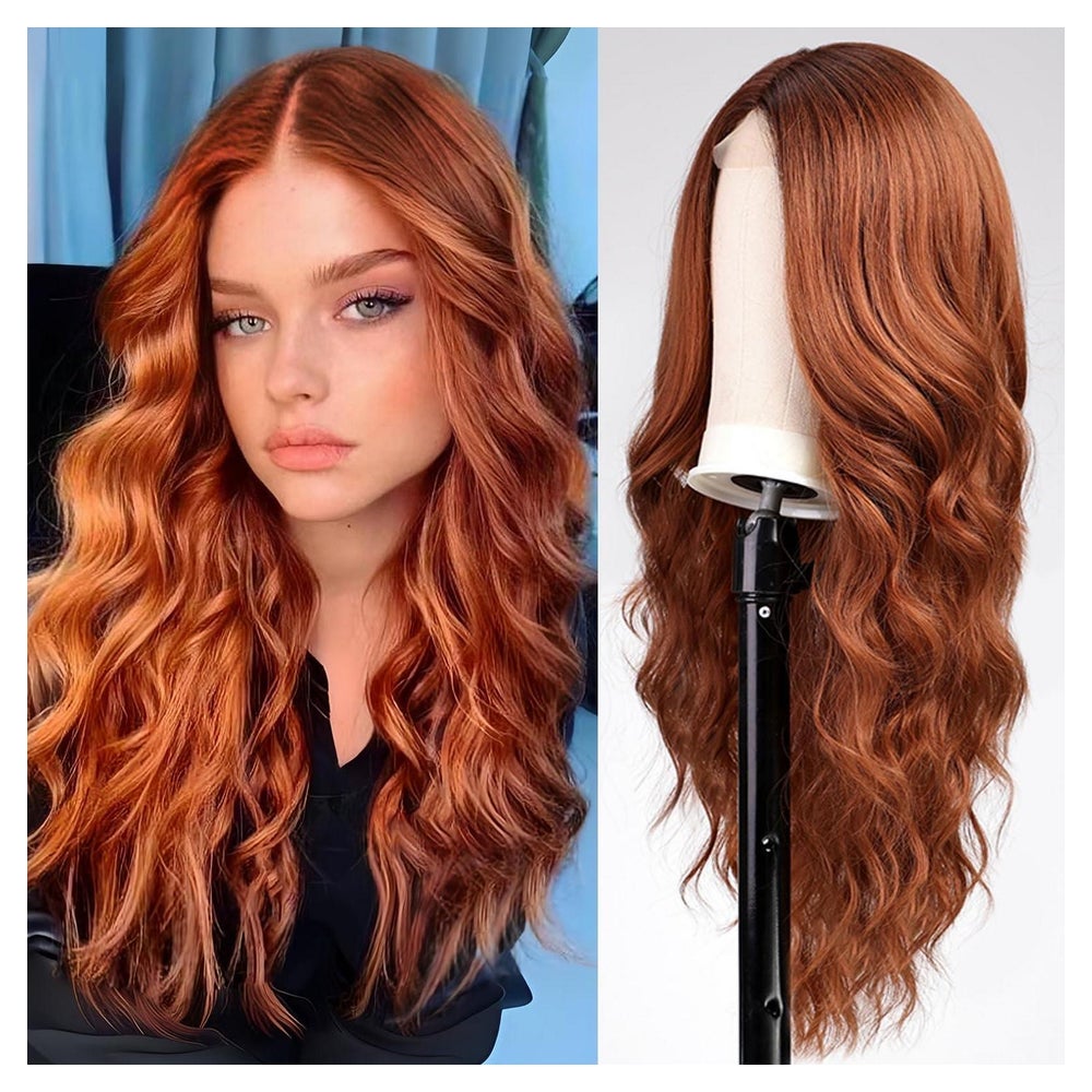 Perücke Lang Auburn Wellig Lacefront Synthetik Ingwer Fronts 1 St