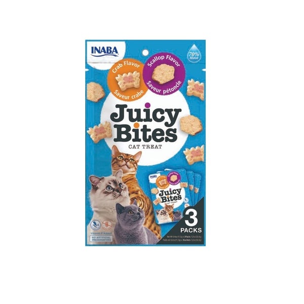 INABA Juicy Bites Katzen Leckerlie Knabbertaschen mit saftigem Kern in lustigen Formen - Jakobsmuschel und Krabbe 33,9g 0,03 kg