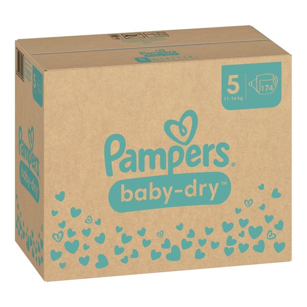 Pampers Baby Dry Windeln Größe 5 Junior, 11-16 kg – Stop-&-Schutz-Täschchen - 1 Monatsbox = 174 Windeln 174 St