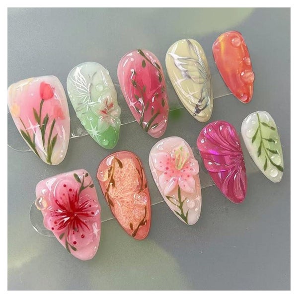Künstliche Fingernägel Kurz Almond French 3D Blumen Floral F 1 St