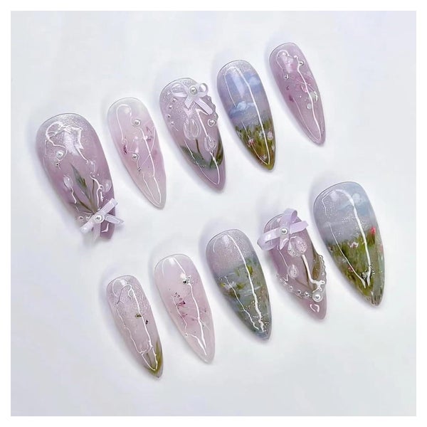 24er Set GlamRays Blumen Fake Nails 3D Perlen Schleife Desig 1 St