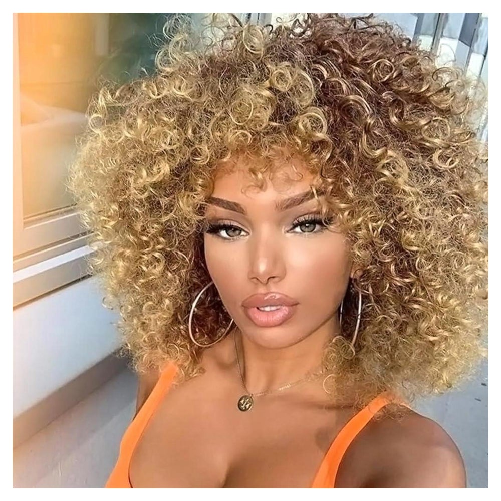 Perücke Afro Kinky Curly Synthetisch Pony Kurz Damen Braunbl 1 St