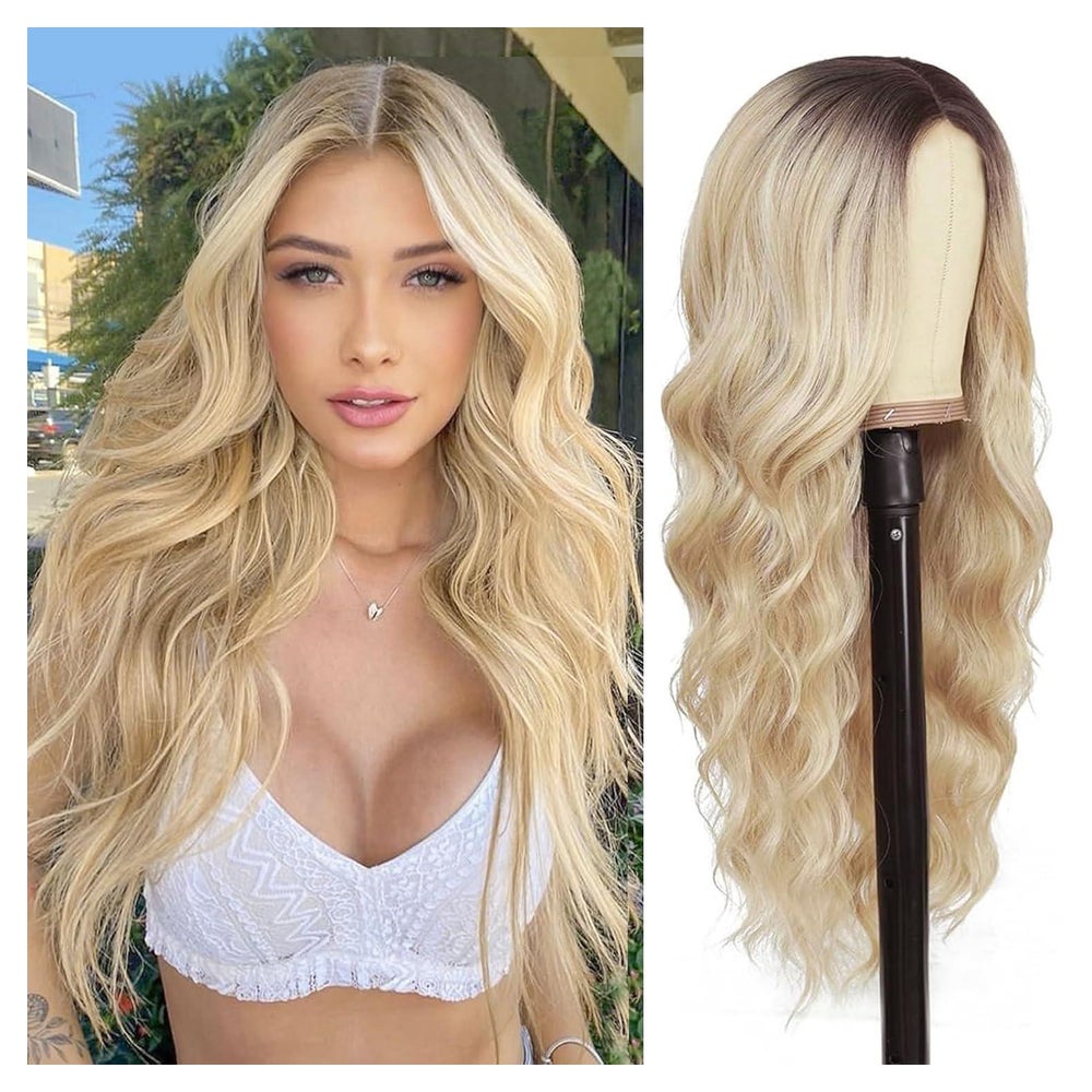 Perücke lang Locken gewellt synthetisch Weißblond mit dunkle 1 St