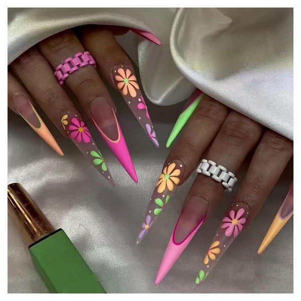 Künstliche Fingernägel Stiletto Lang French Blumen Matte AHF 1 St