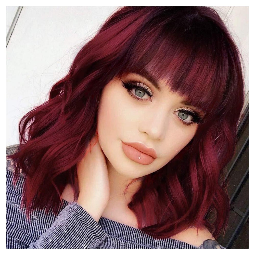 Perücke Damen Bob Pony Locken Haar Faser 14 Zoll Weinrot 1 St