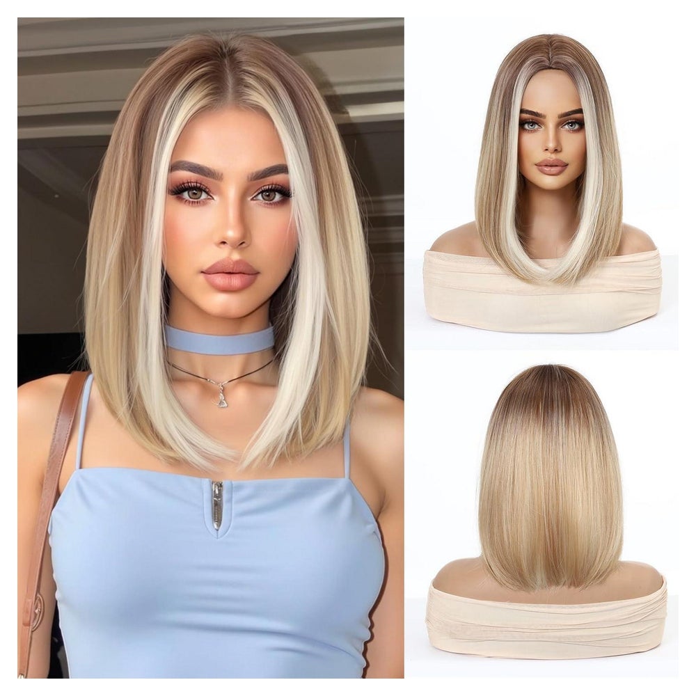 Perücken 14 Zoll kurz synthetisch braun Wurzeln Ombre Blonde 1 St