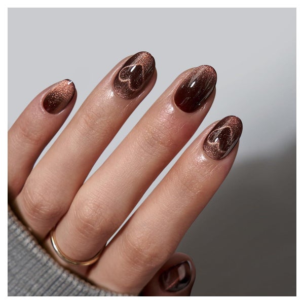 Nägel Press On Almond Extra Short Brown Cat Eye Heart Coffee 1 St